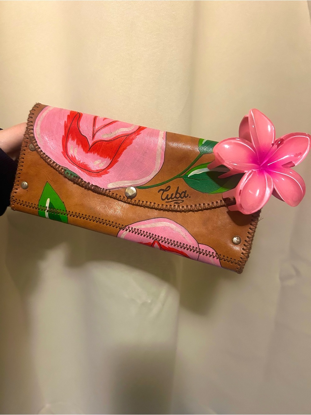Vintage Cuban Floral Leather Clutch Wallet